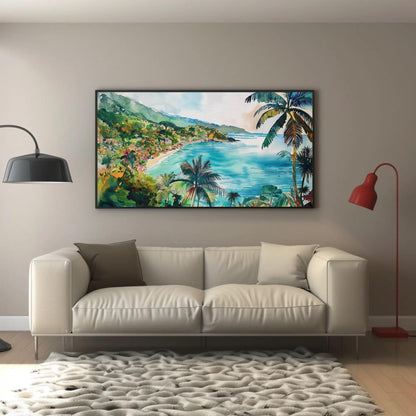 Watercolor canvas wall art shown in a living room