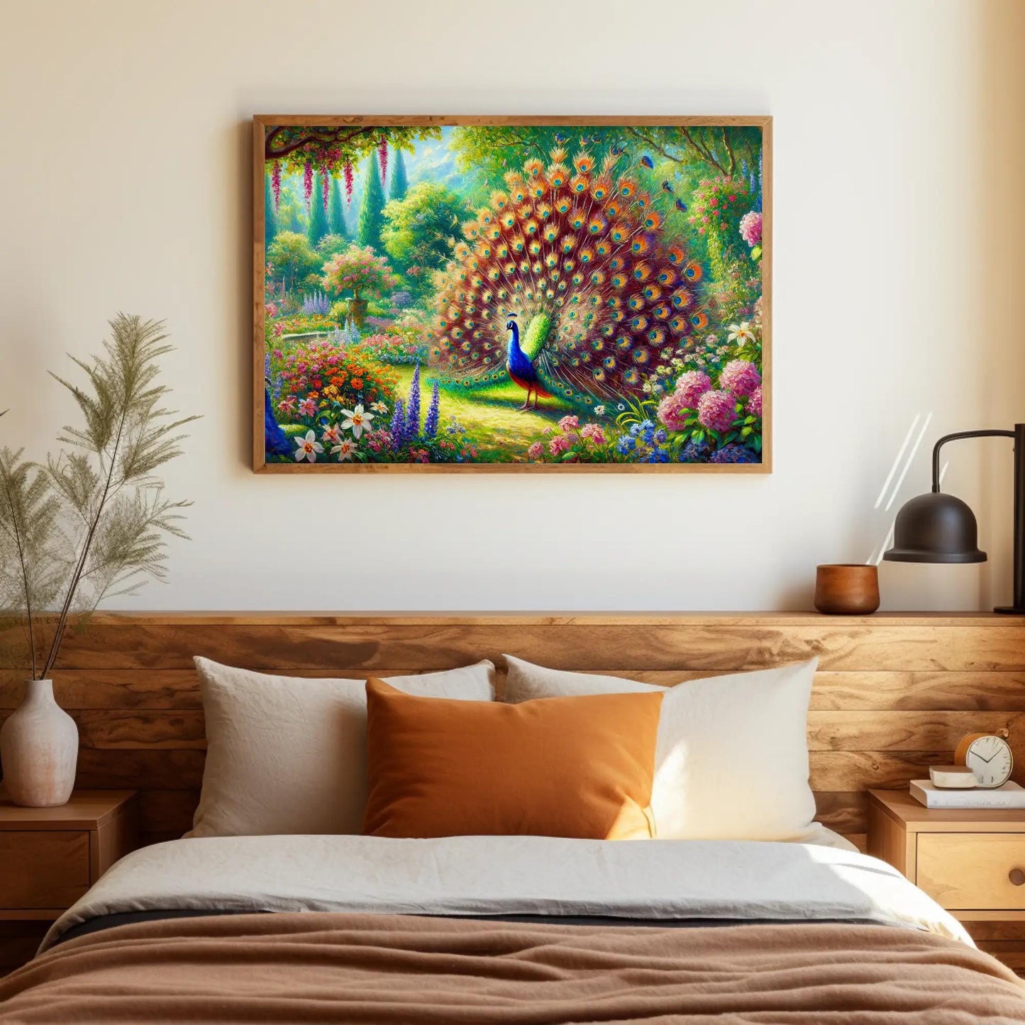 Peacock Garden canvas wall art shown above a bed