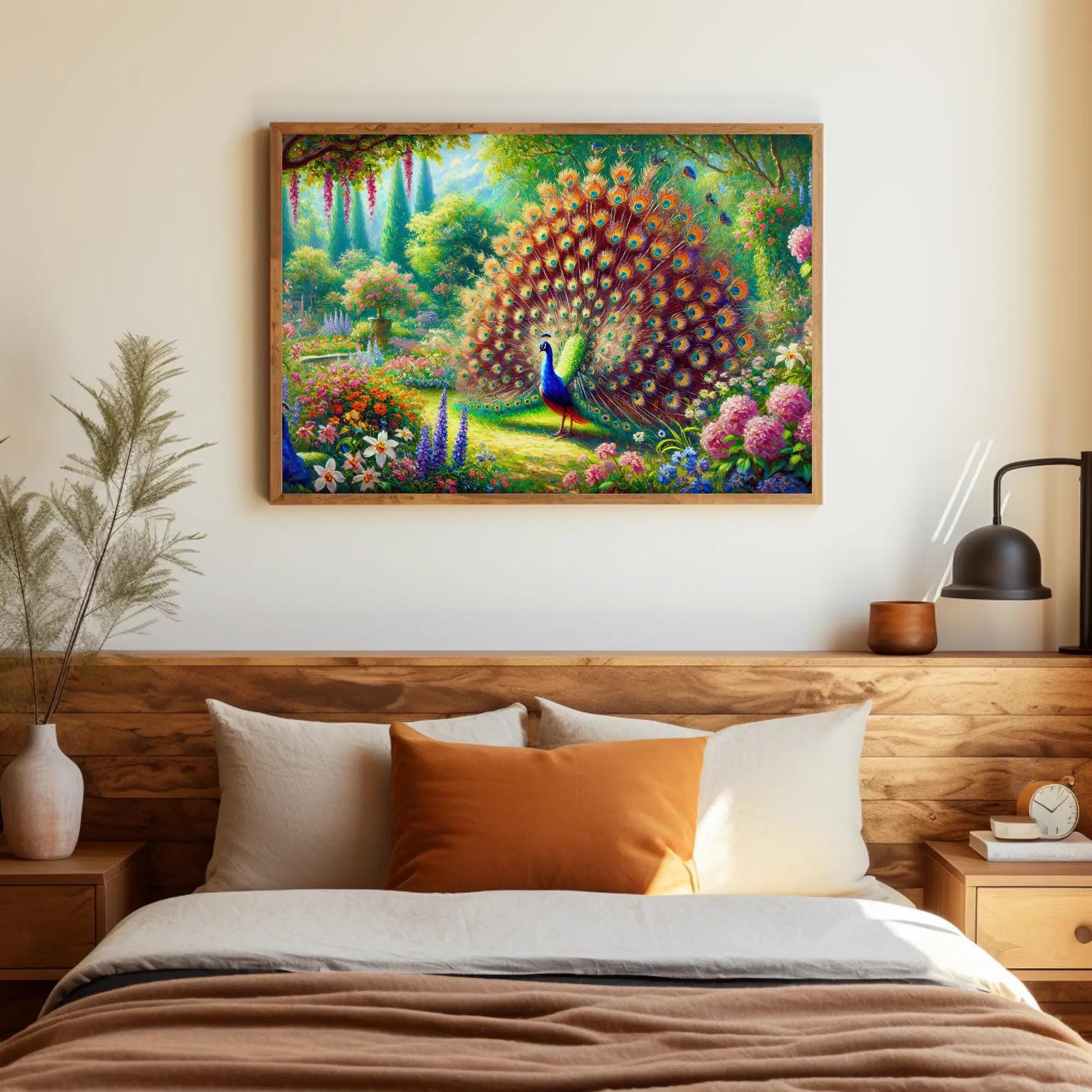 Peacock Garden canvas wall art shown above a bed