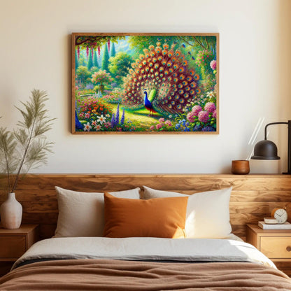 Peacock Garden canvas wall art shown above a bed