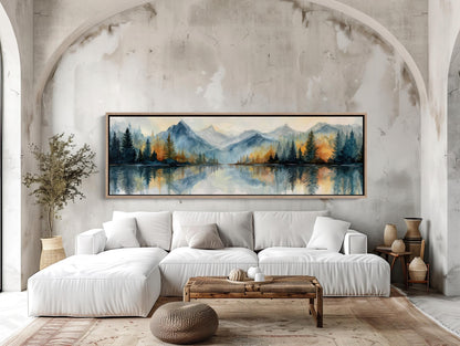 Mountain lake reflection canvas wall art, large, framed painting of a serene landscape with mountains, trees, and a lake
