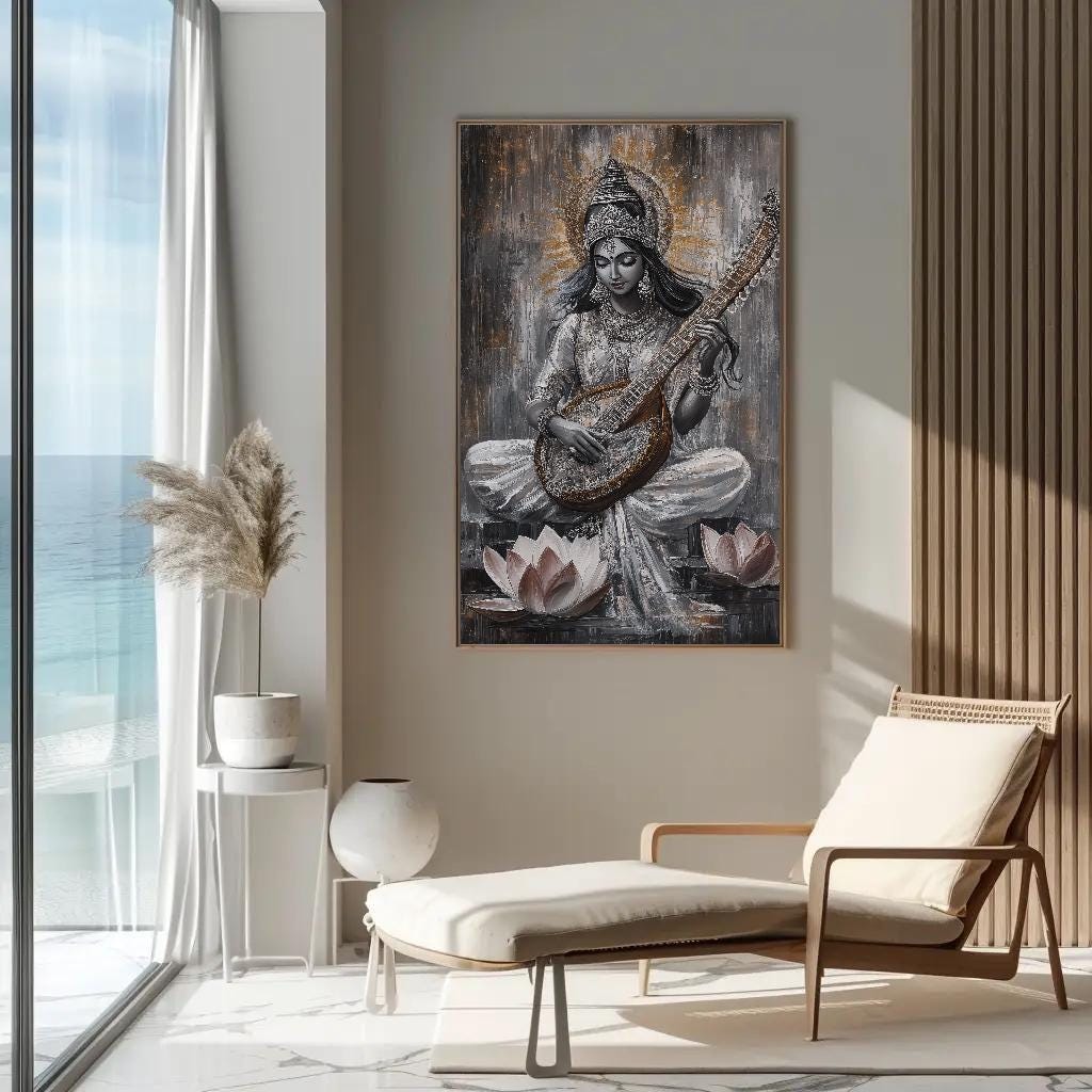 Goddess Saraswati , Hindu Wisdom canvas wall art shown in a living room (view 4)