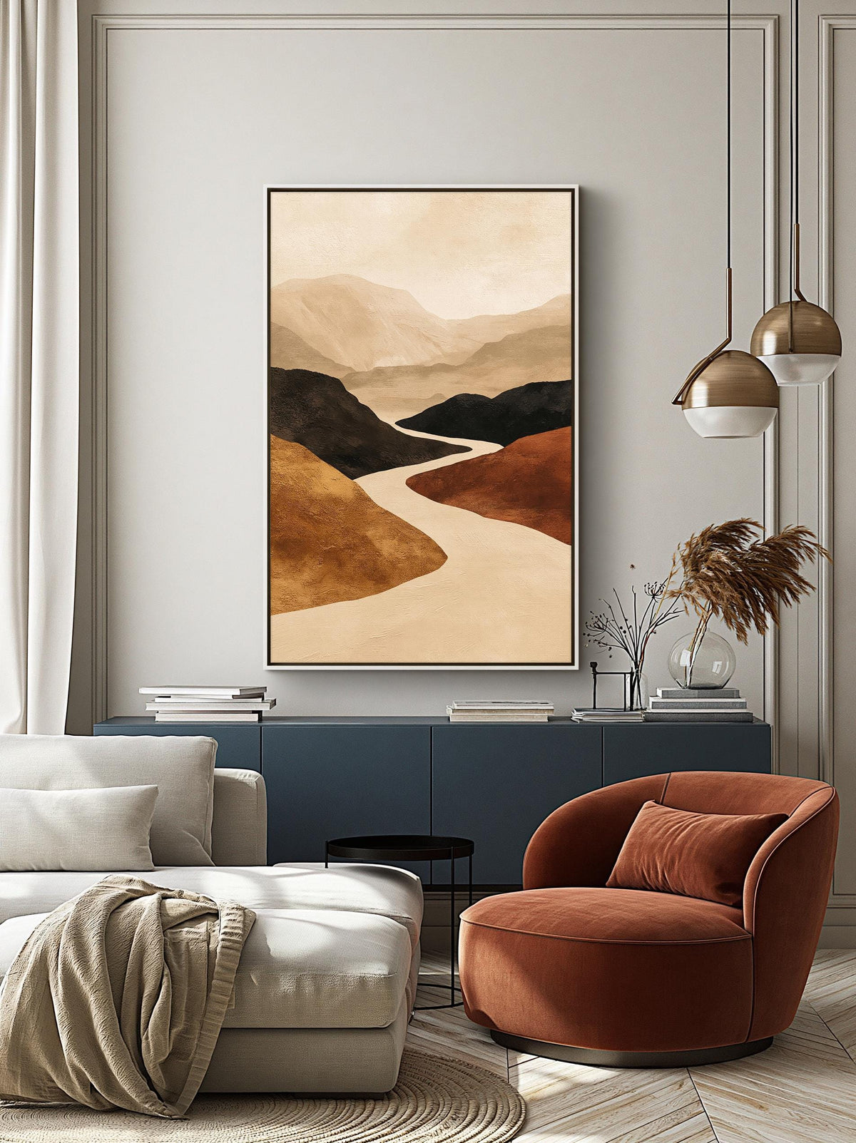 Abstract Mountain Wall Art, Winding River Canvas, Terracotta Ochre