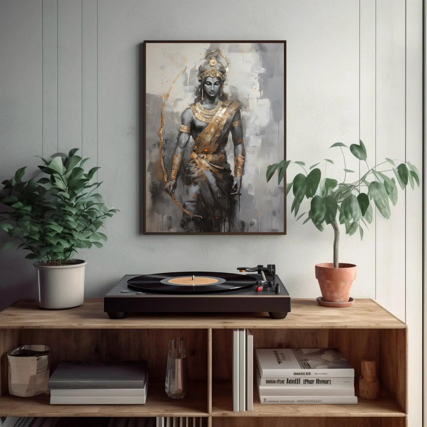 Lord Rama , Hindu God , Pooja Room canvas wall art shown in a styled room
