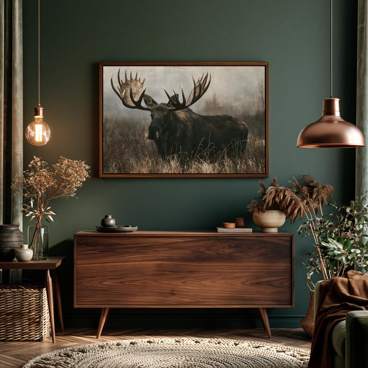 a large wooden dresser with a framed picture of a moose hanging above it. The room has a green wall, a wooden floor, and various decorative elements such as potted plants, vases, and a rug.