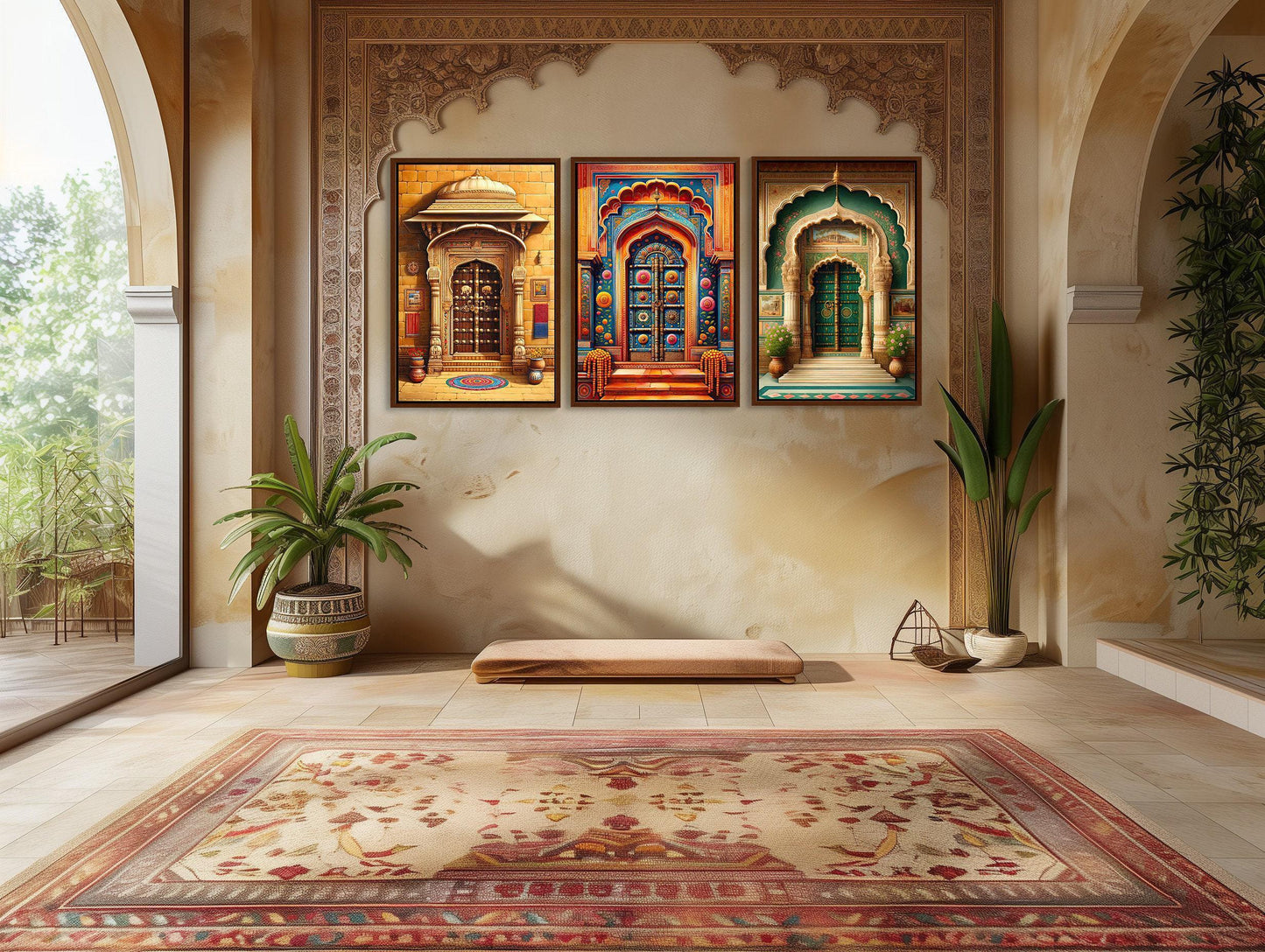 Rajasthani Door canvas wall art shown in a styled interior