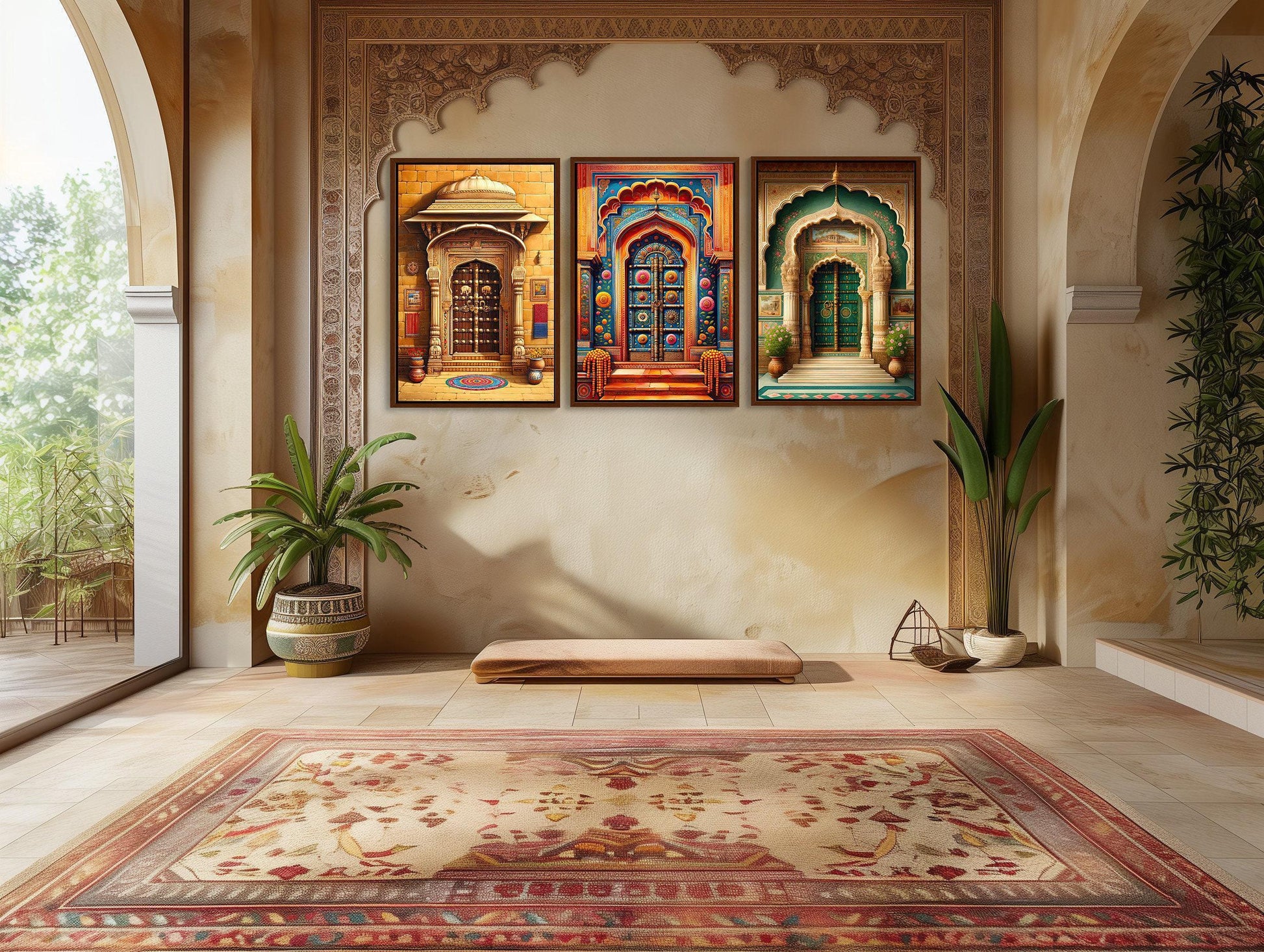 Rajasthani Door canvas wall art shown in a styled interior