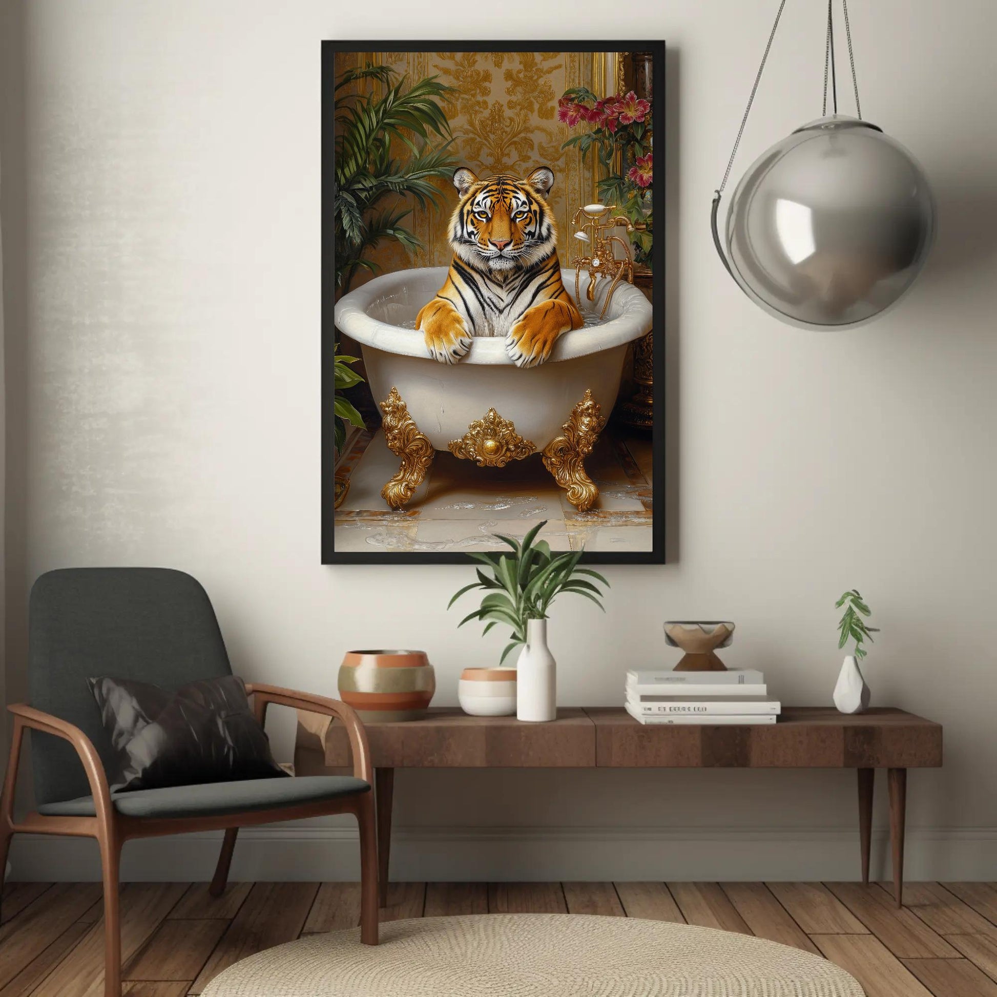 Tiger Bath canvas wall art shown in a styled room (view 5)