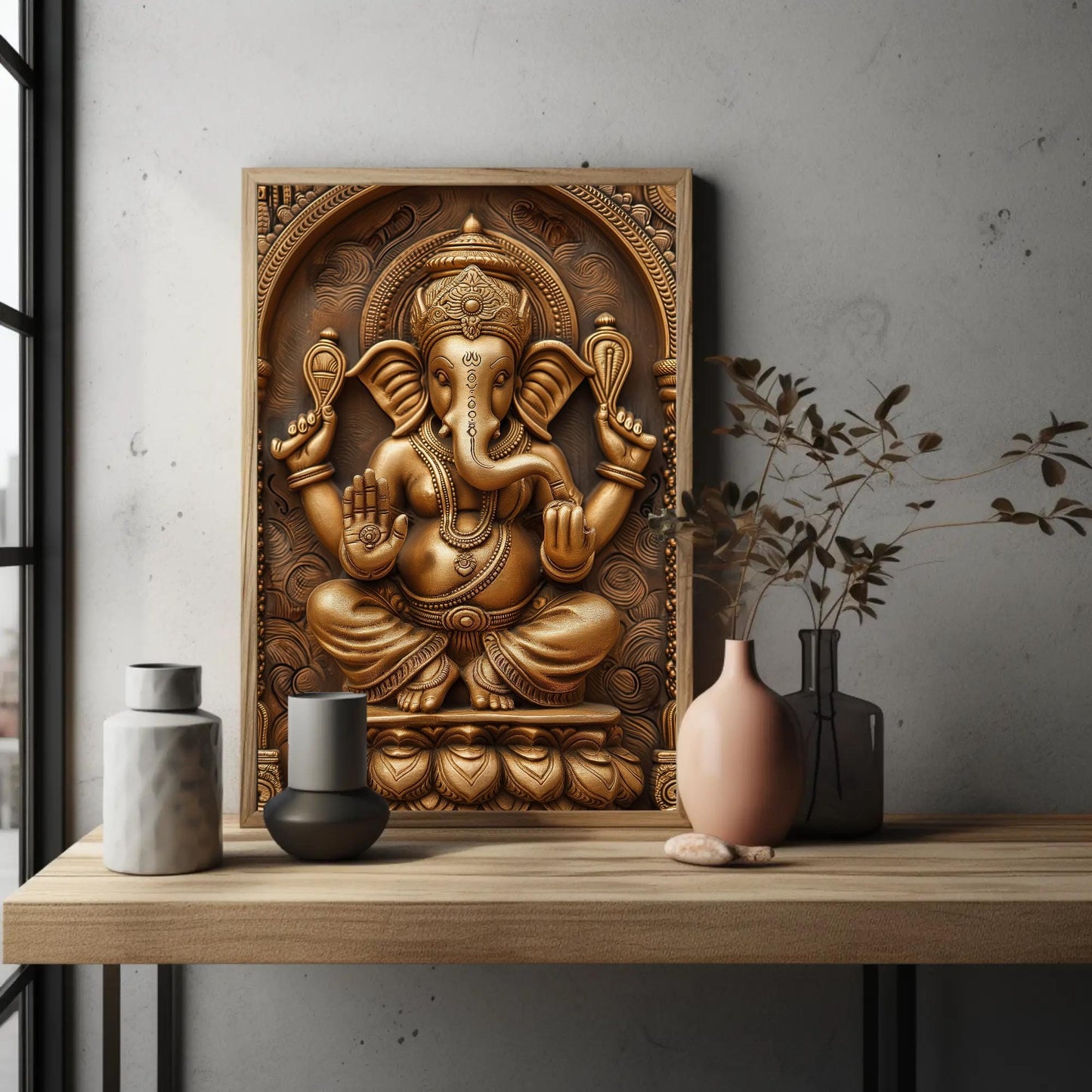 a wooden carving of an elephant on a shelf