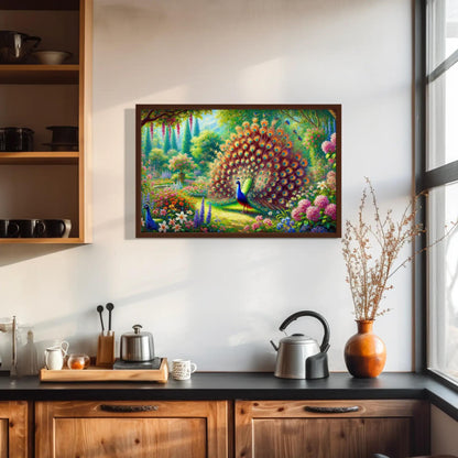 Peacock Garden canvas wall art shown in a kitchen