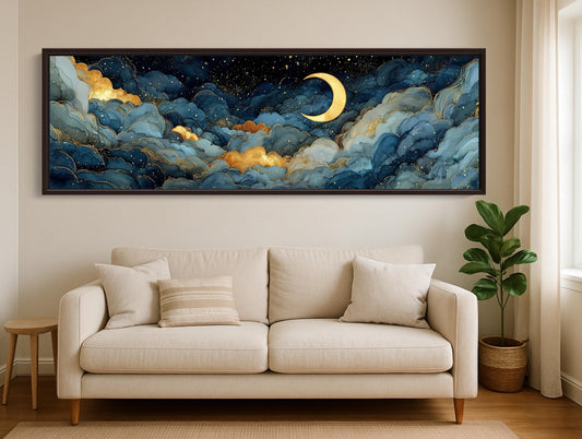 Golden crescent moon canvas wall art, living room with a couch and a painting on the wall