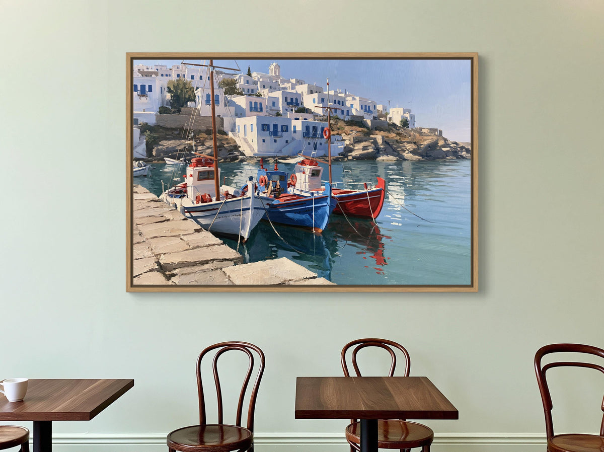 Greek island harbor boats canvas wall art, picturesque harbor scene with two boats docked at a stone pier, surrounded by
