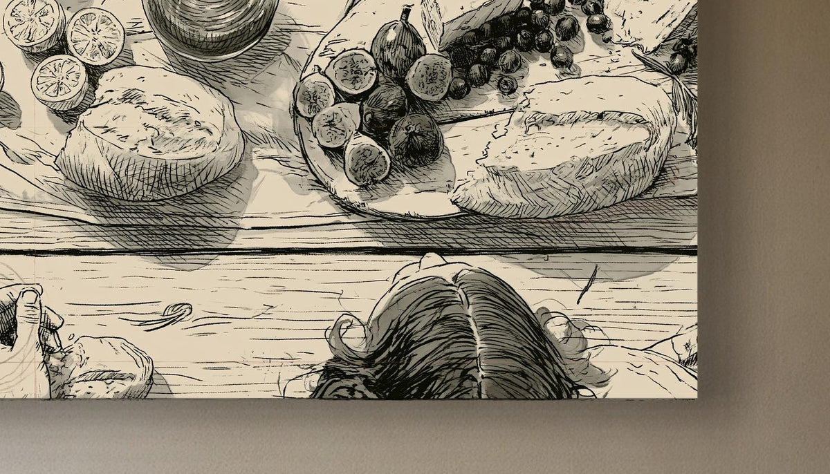 Dinner party table sketch canvas wall art, black and white illustration depicting a table with various food items, including