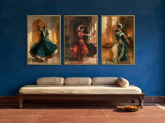 Indian dancers set of 3 canvas wall art, Kathak, Bharatanatyam and Odissi inspired dancers in temple light