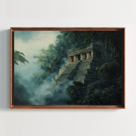 a painting hanging on a wall above a wooden frame