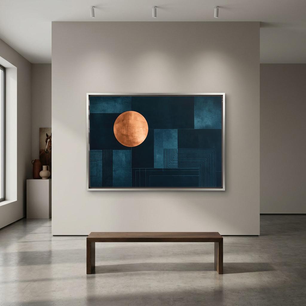 a large abstract painting hanging on a white wall in a minimalist art gallery setting. The painting is predominantly blue and orange, with geometric shapes and lines creating a striking contrast. In front of the painting, there is a wooden bench, providing a seating area for visitors to appreciate the artwork.