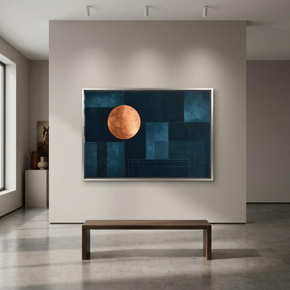 a large abstract painting hanging on a white wall in a minimalist art gallery setting. The painting is predominantly blue and orange, with geometric shapes and lines creating a striking contrast. In front of the painting, there is a wooden bench, providing a seating area for visitors to appreciate the artwork.
