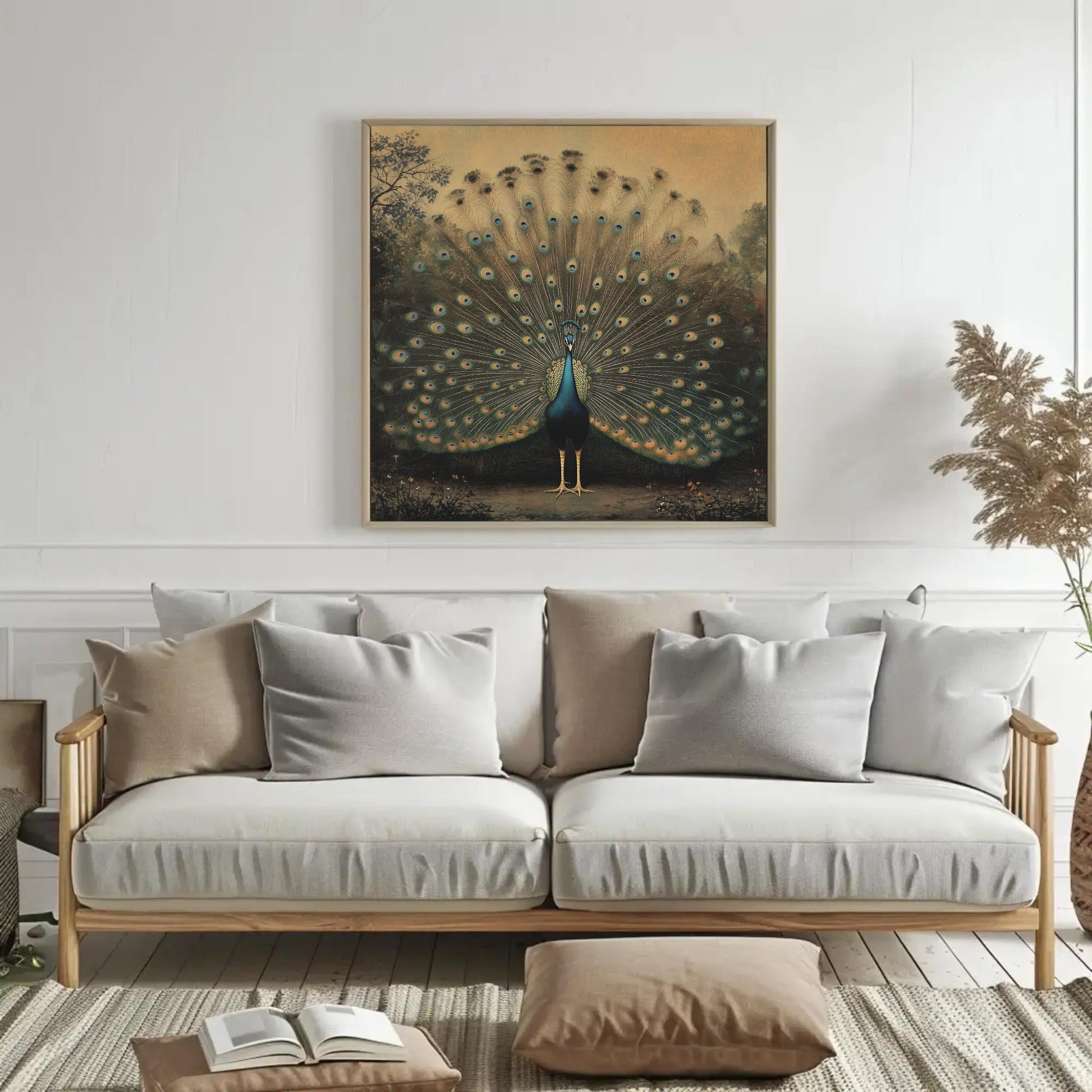 Peacock canvas wall art shown in a living room (view 5)