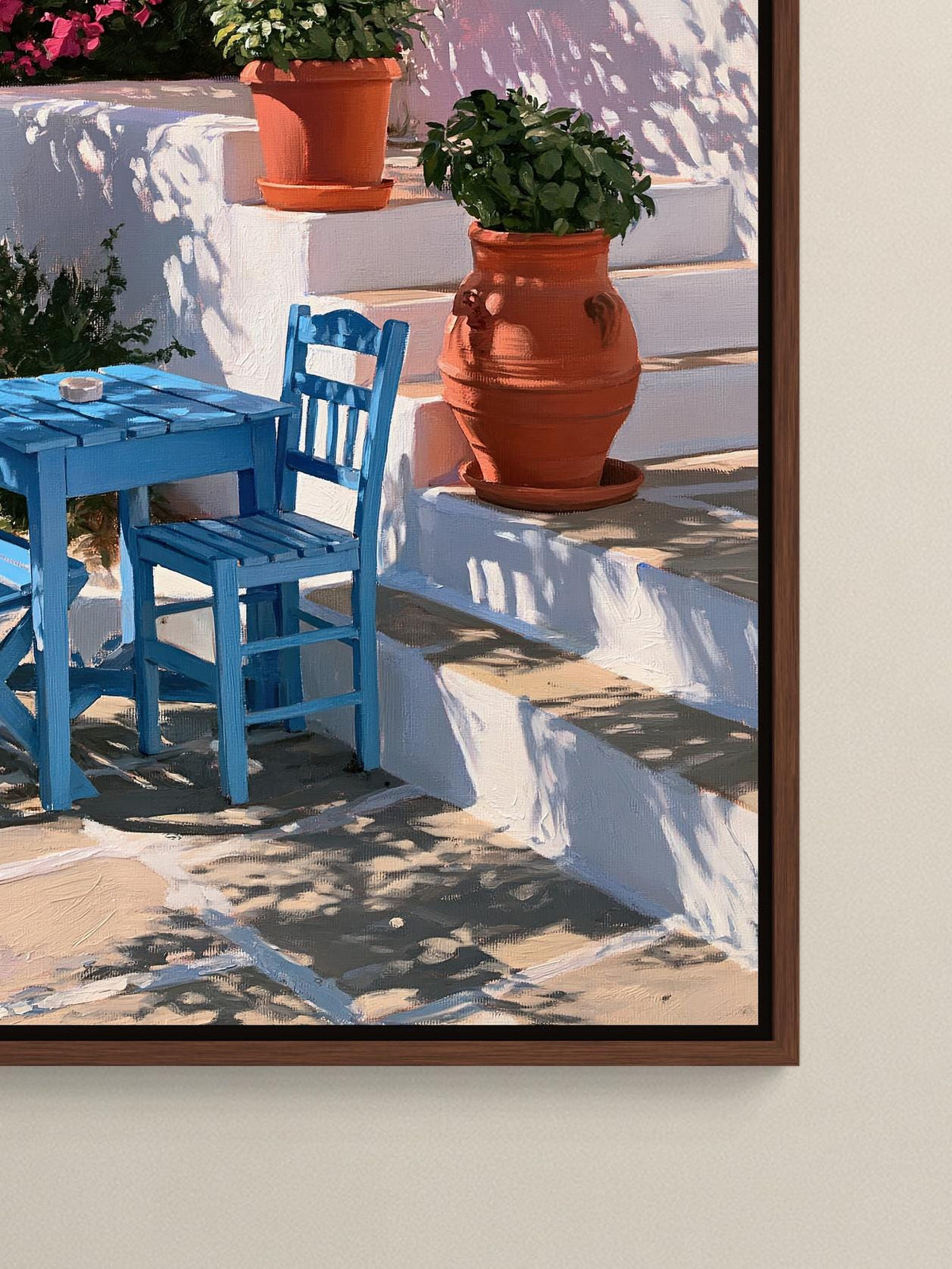 Greek taverna courtyard canvas wall art, serene outdoor setting with a blue wooden chair and table situated on a stone