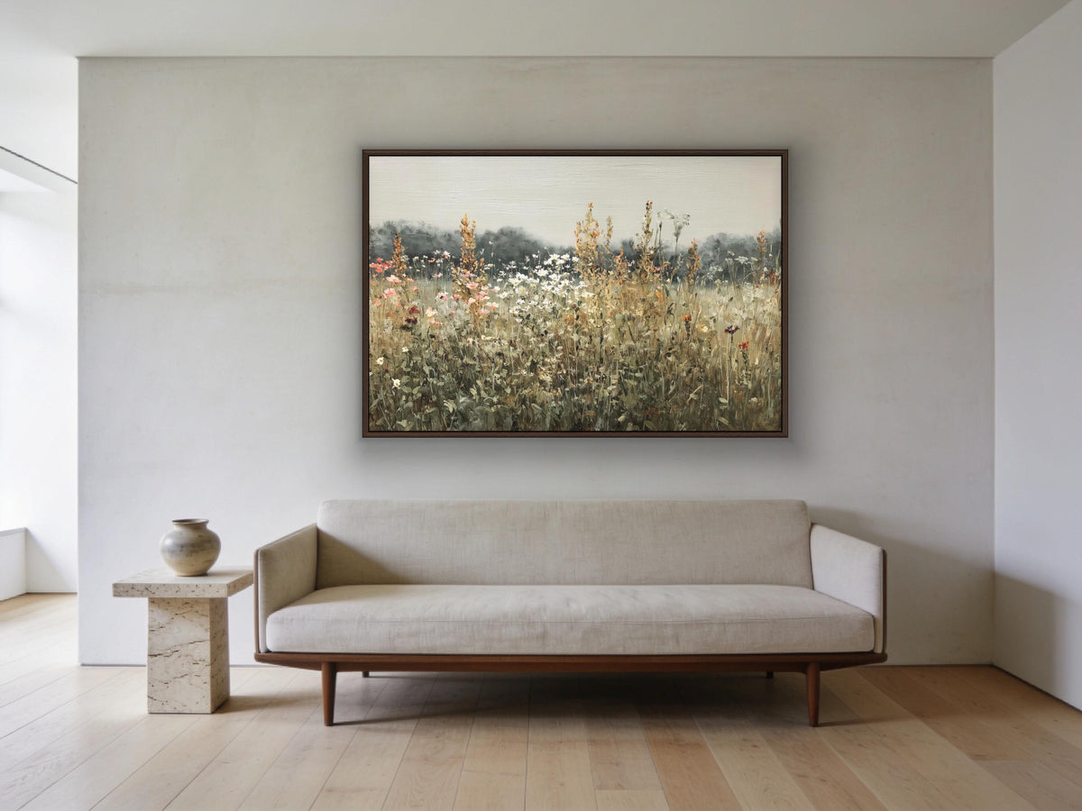 Sage wildflower meadow canvas wall art, large painting of a field with flowers hanging on a wall above a beige sofa in a