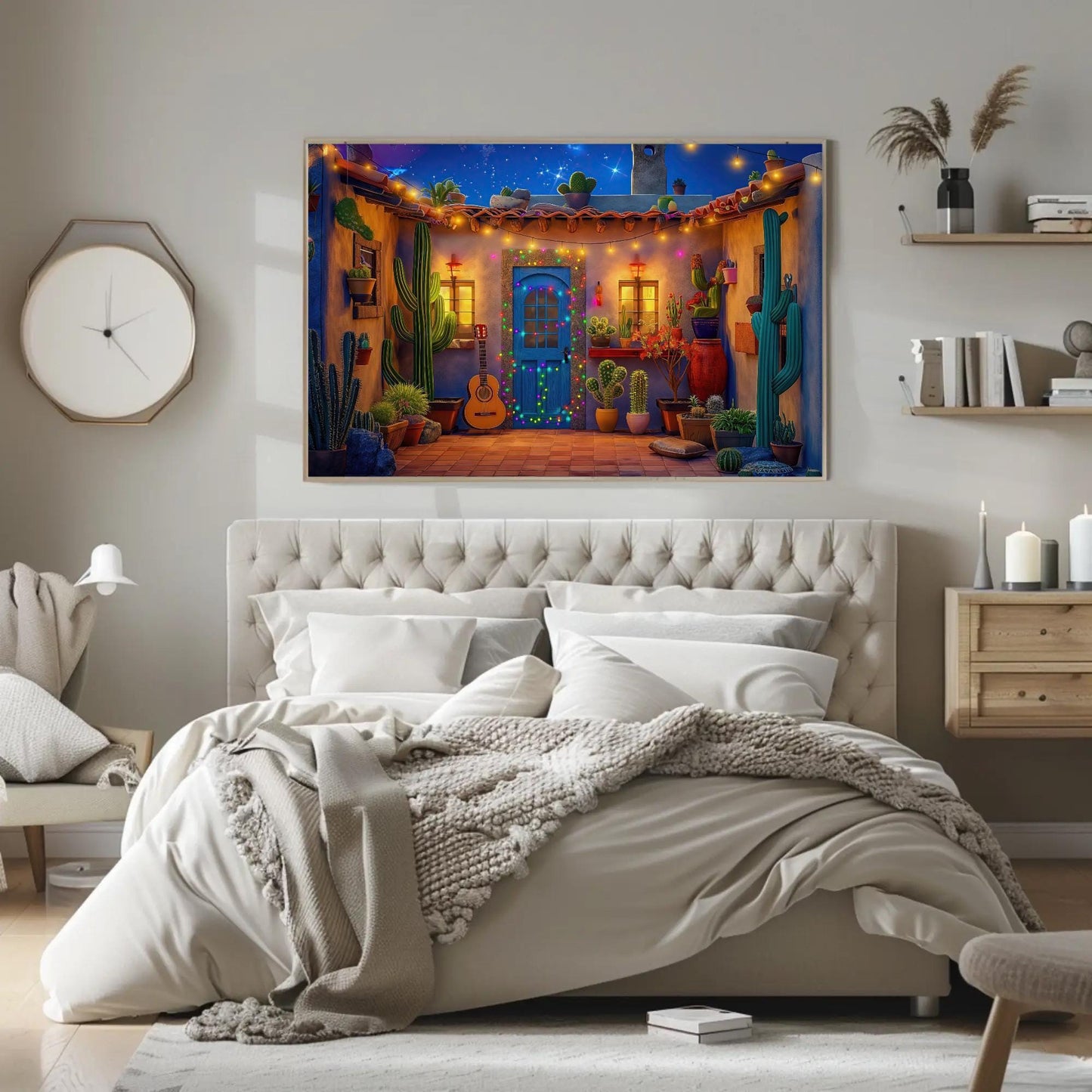 Mexican Fiesta , Colorful Courtyard canvas wall art shown in a bedroom (view 4)