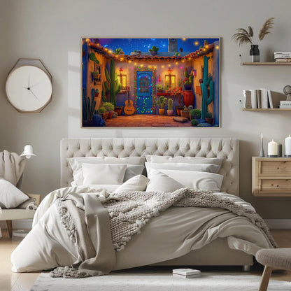 Mexican Fiesta , Colorful Courtyard canvas wall art shown in a bedroom (view 4)