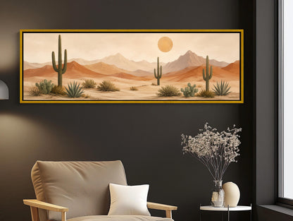 Saguaro desert panorama canvas wall art, desert landscape with cacti and mountains in the background, creating a serene and