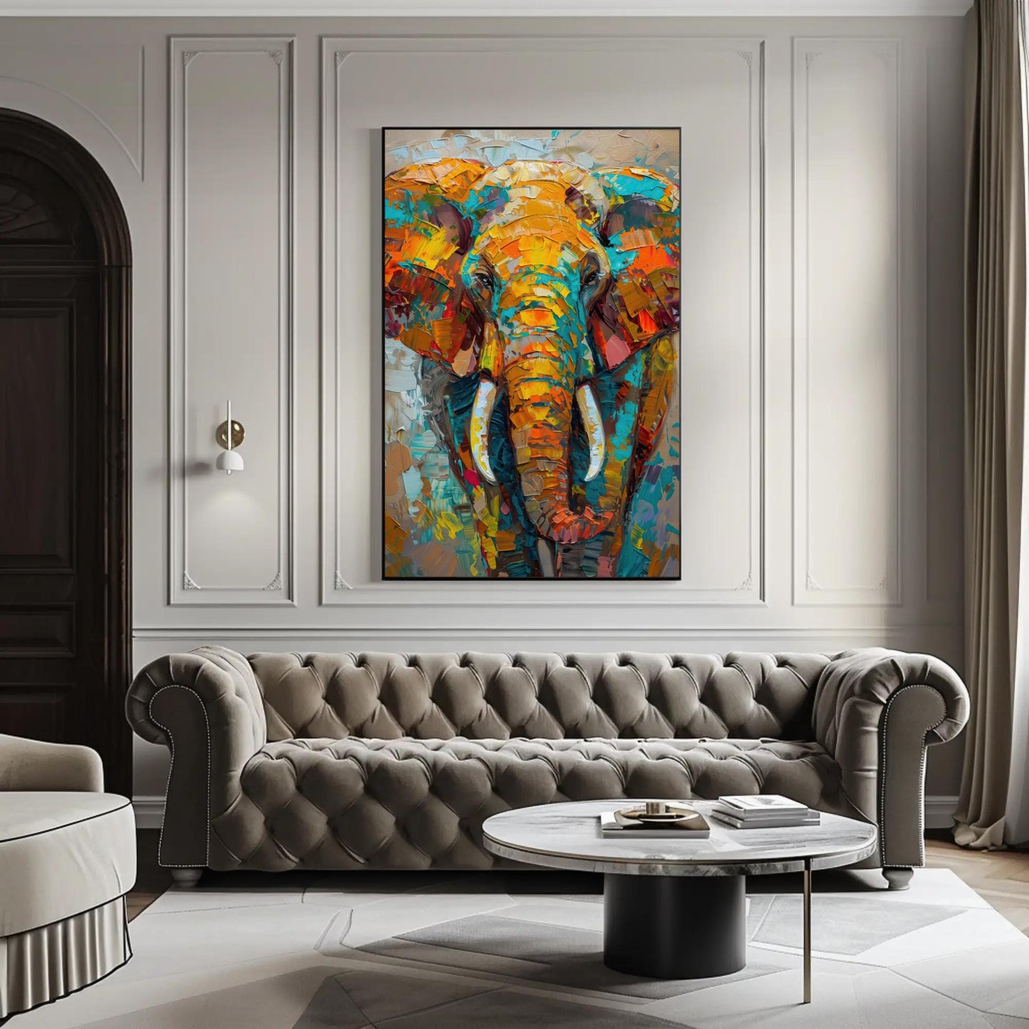 Vivid Elephant canvas wall art shown in a living room