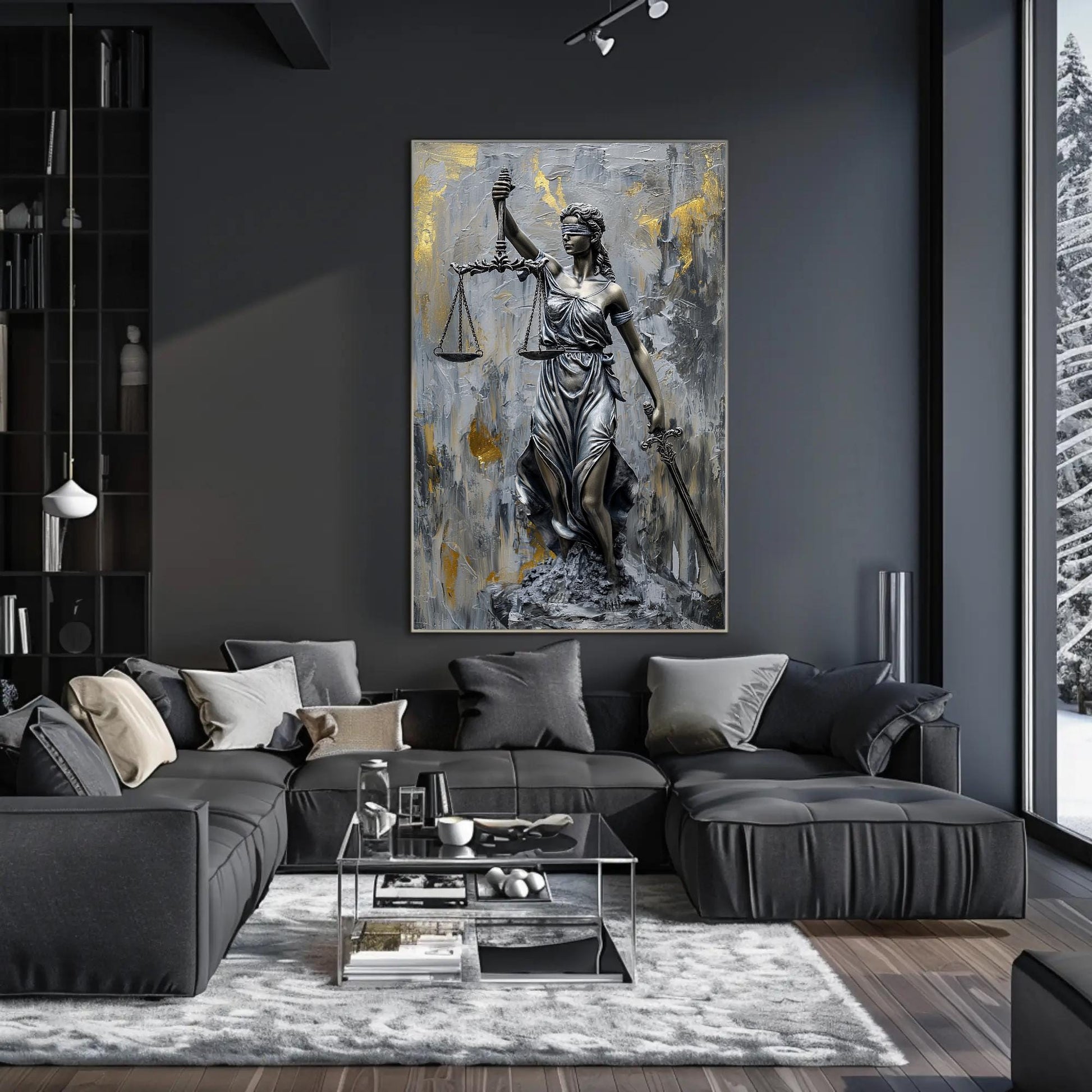 Lady Justice , Legal Office Symbolic canvas wall art shown in a living room
