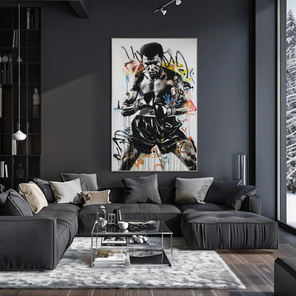 Muhammad Ali Graffiti canvas wall art shown in a living room (view 2)