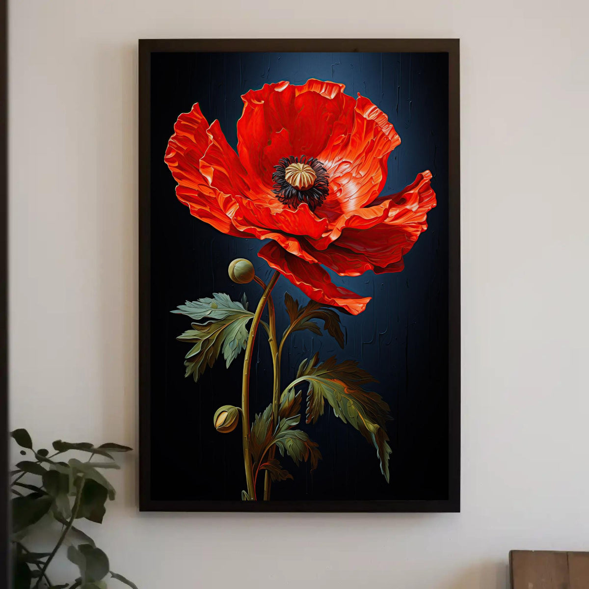 Red poppy canvas wall art, scarlet poppy with buds and green leaves on a dark navy background