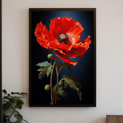 Red poppy canvas wall art, scarlet poppy with buds and green leaves on a dark navy background