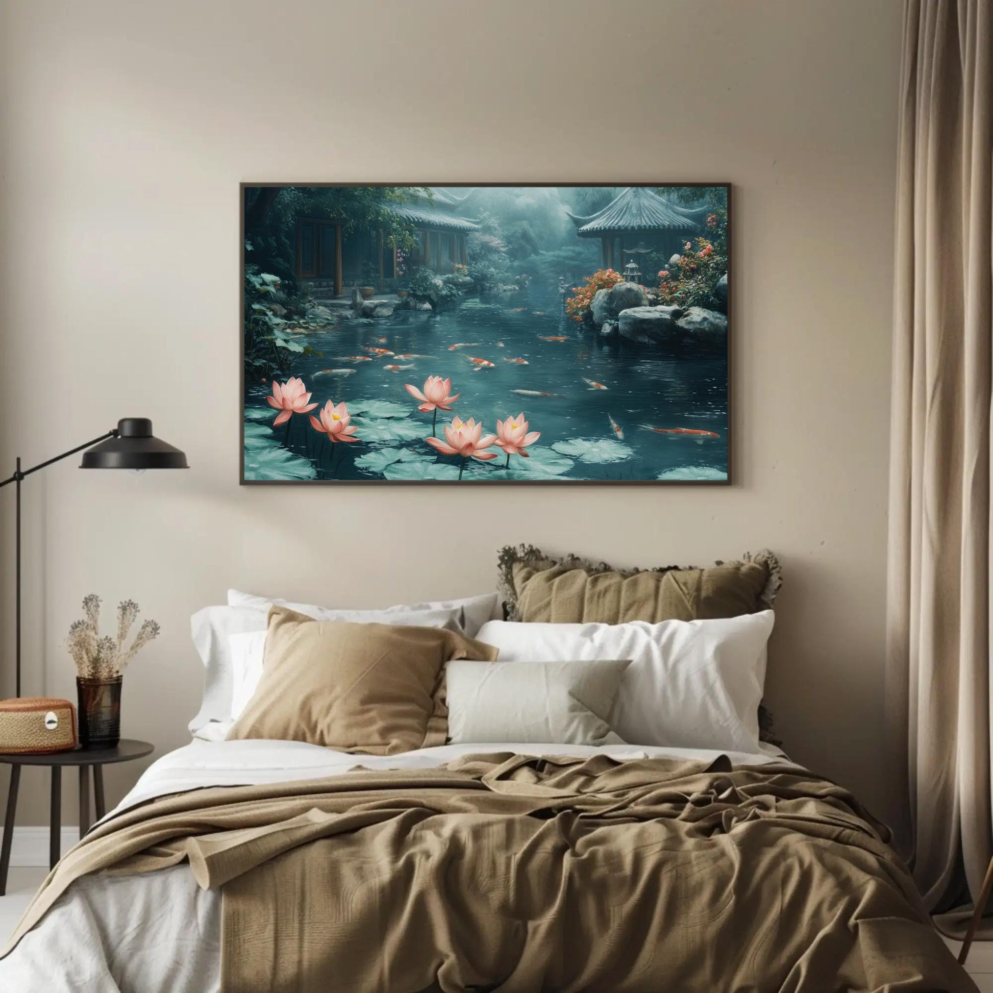 Koi Fish Pond canvas wall art shown in a bedroom (view 2)