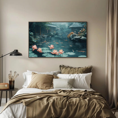 Koi Fish Pond canvas wall art shown in a bedroom (view 2)