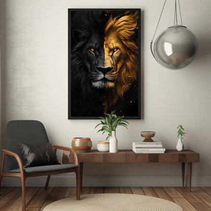 Black and Gold Lion canvas wall art shown in a living room (view 3)