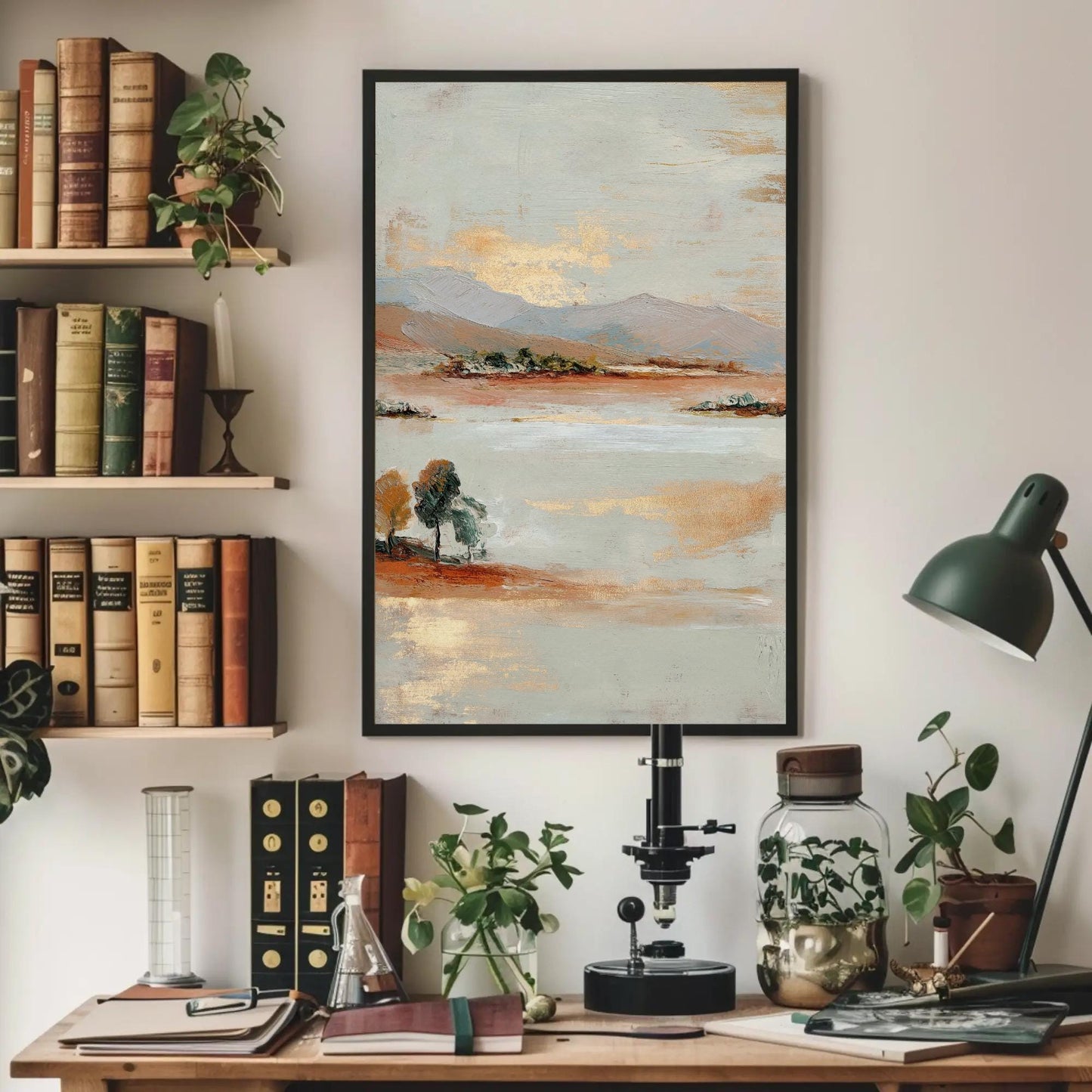 Gold Leaf canvas wall art shown above a desk
