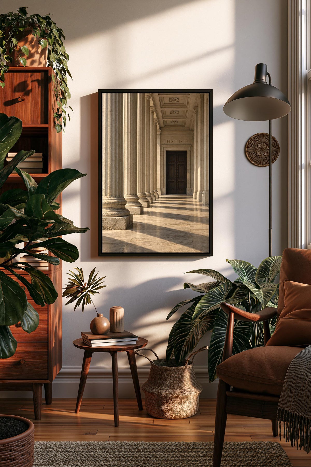 a serene and cozy living room with a large framed picture of a hallway with columns hanging on the wall, surrounded by lush green plants and a comfortable chair.