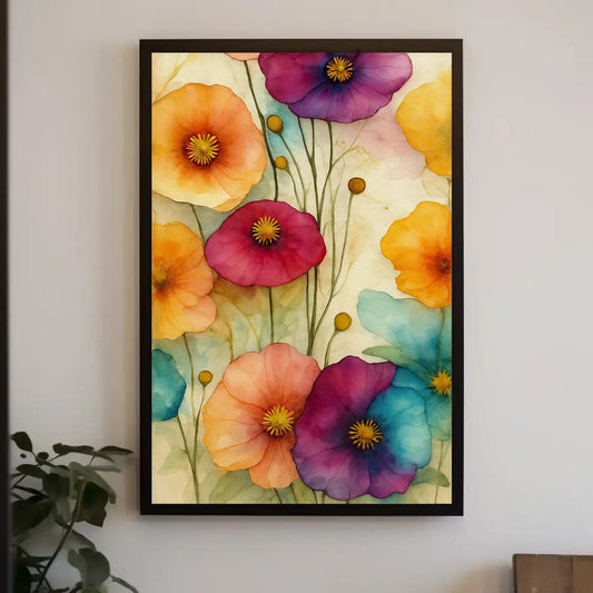 Colorful Poppy Painting | Abstract Floral Watercolor Art | Vibrant Botanical Wall Decor | Cheerful Kitchen or Living Room Print Wall Art – Canvas Print
