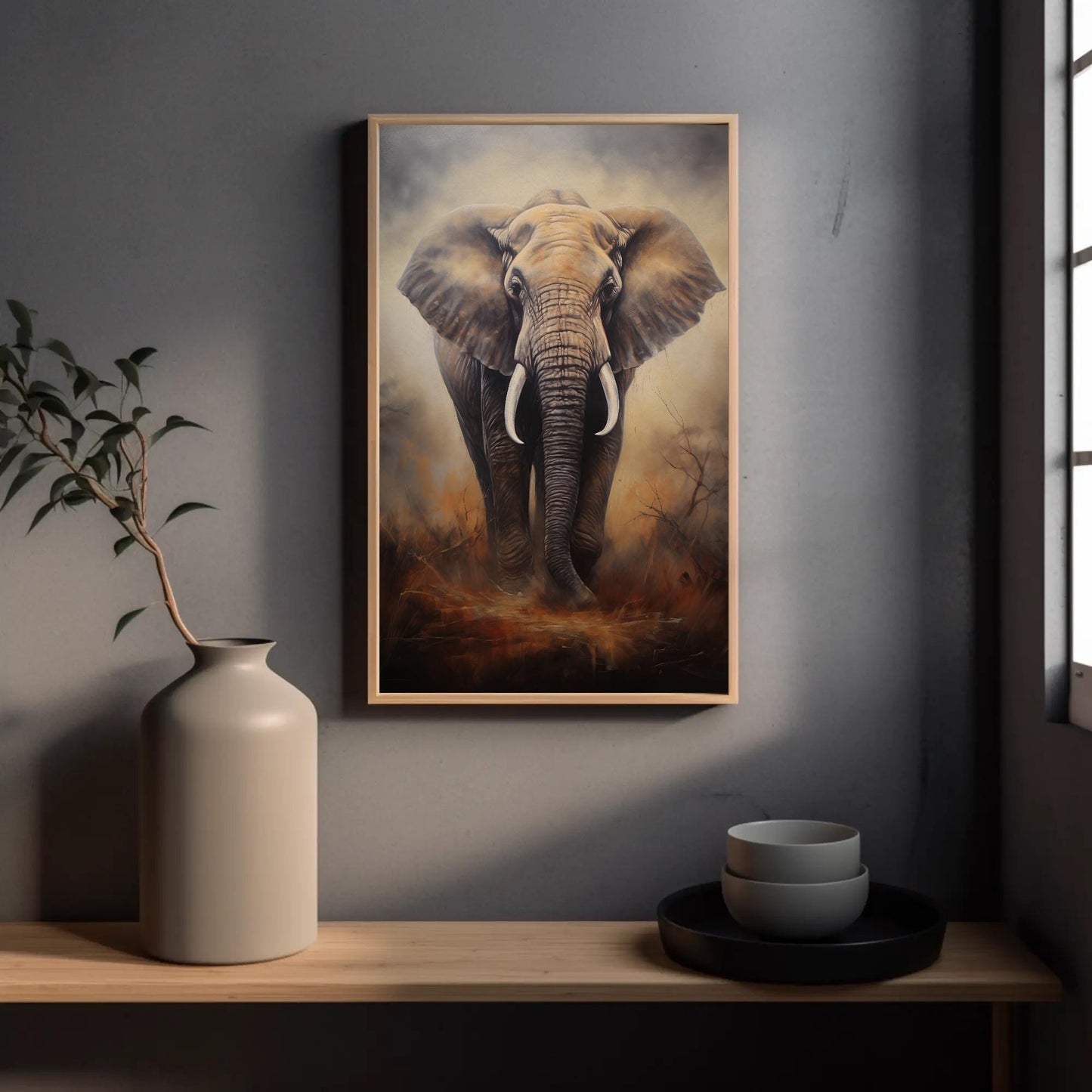 Elephant canvas wall art shown in a styled room (view 3)