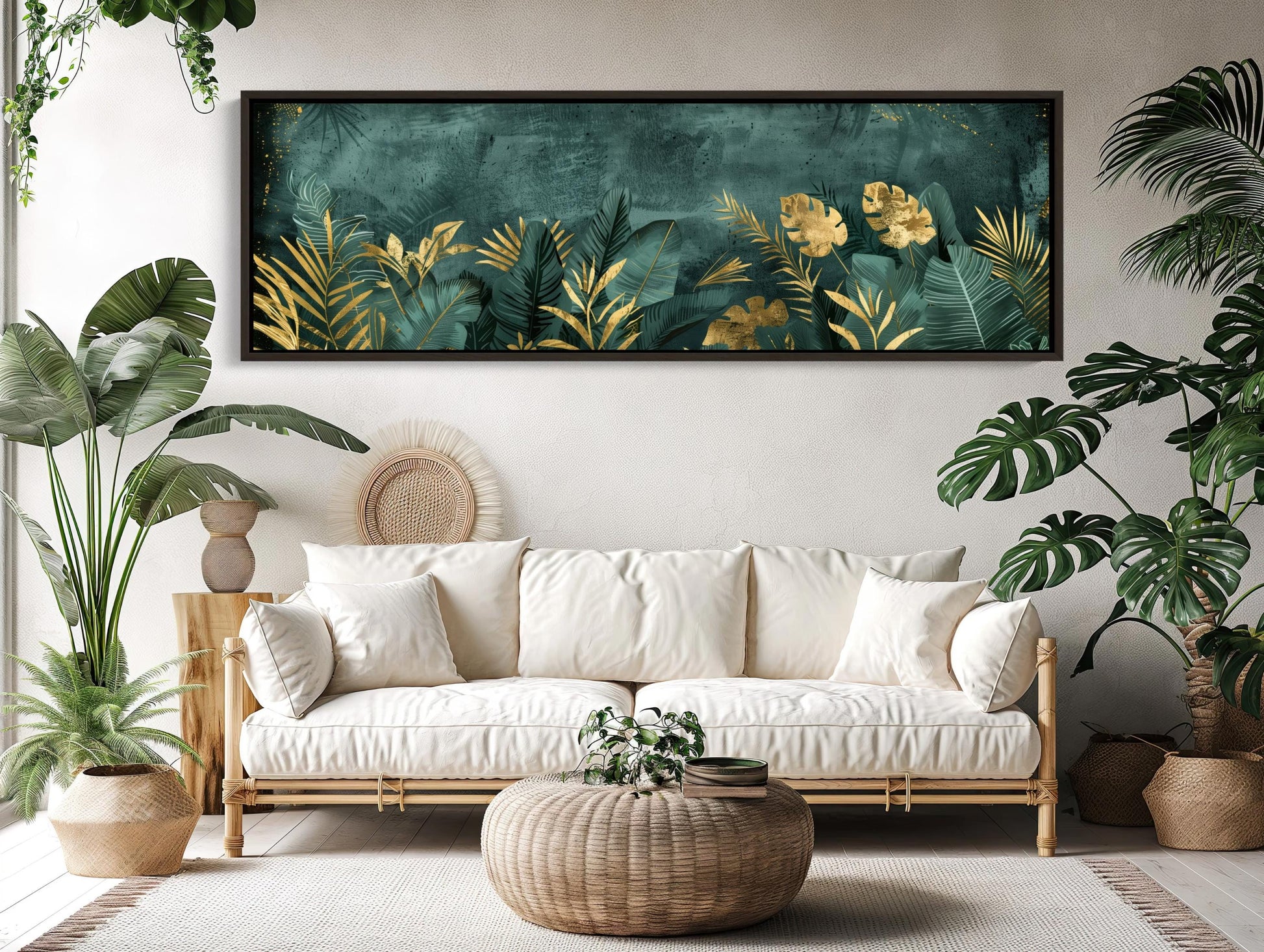 Tropical Canvas Print, Jungle Wall Art With Gold Accent & Lush Green Decor