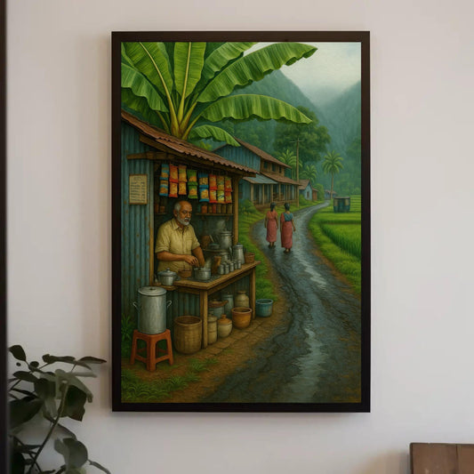 South Indian Tea Stall Art - Rustic Village Canvas | Chai Shop Decor Print