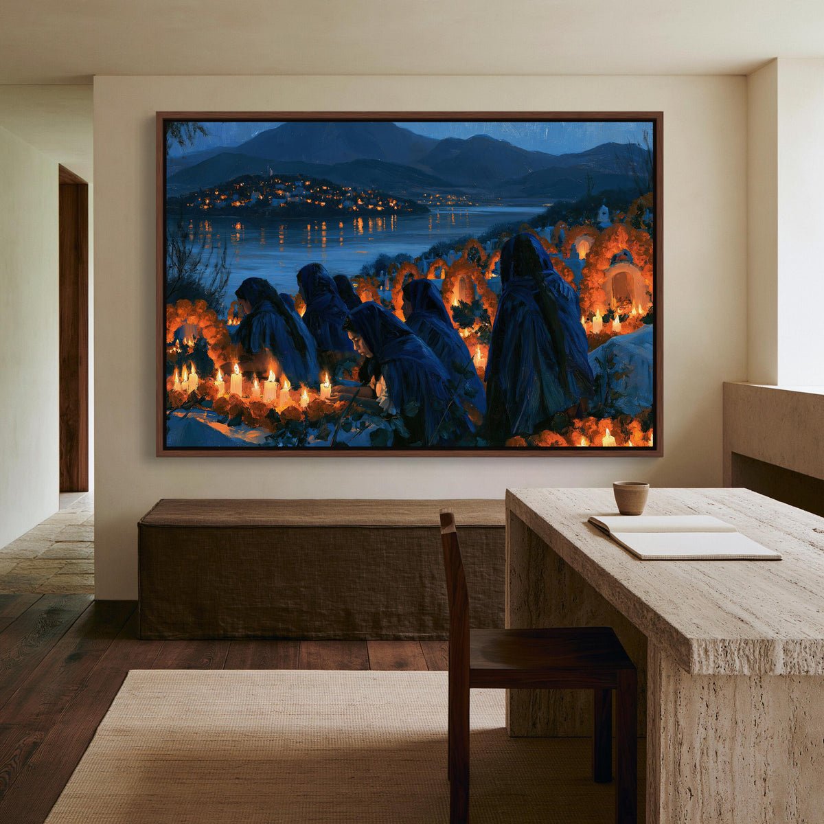 Day of the Dead candlelit vigil canvas wall art, large painting of a serene landscape with a group of people gathered around