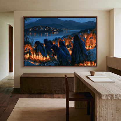 Day of the Dead candlelit vigil canvas wall art, large painting of a serene landscape with a group of people gathered around