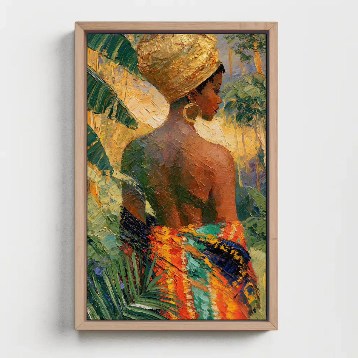 Caribbean woman in head wrap canvas wall art, image is a painting of a woman wearing a colorful headdress, standing in a