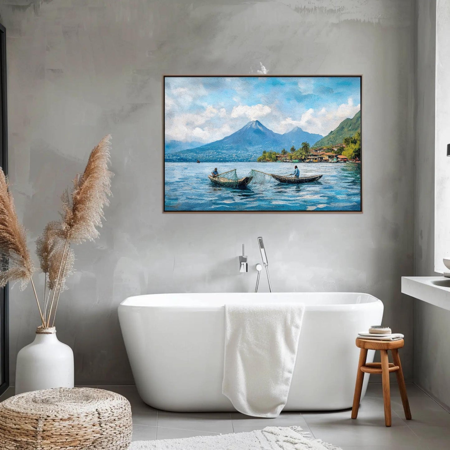 Lake Atitlán , Guatemala Mayan Landscape canvas wall art shown in a bathroom