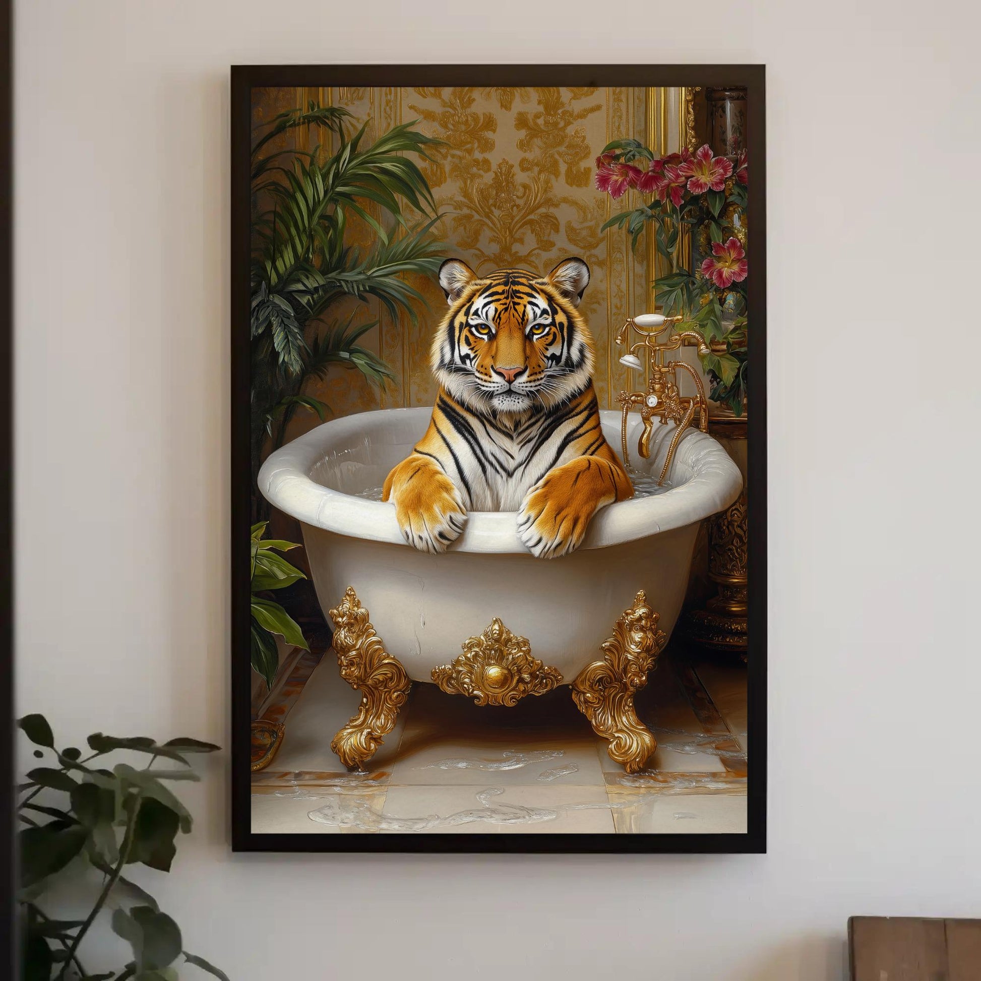 Tiger Bath Canvas Art, Exotic Animal Print Jungle Bathroom Decor, Premium Framed Wall Art