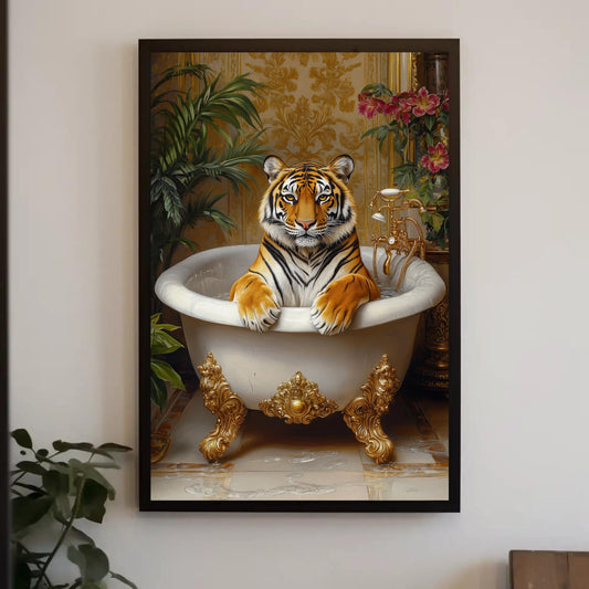 A tiger is sitting in a white bathtub with gold accents, surrounded by a lush, tropical environment with plants and flowers.
