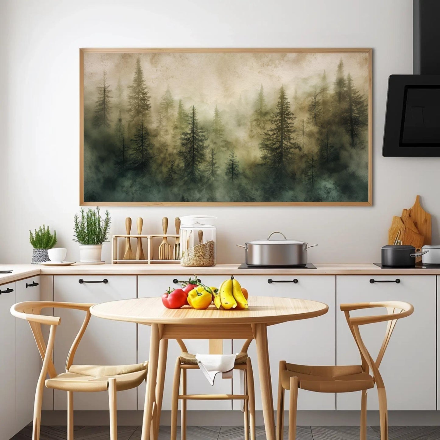 Misty Pine Forest canvas wall art shown in a dining room