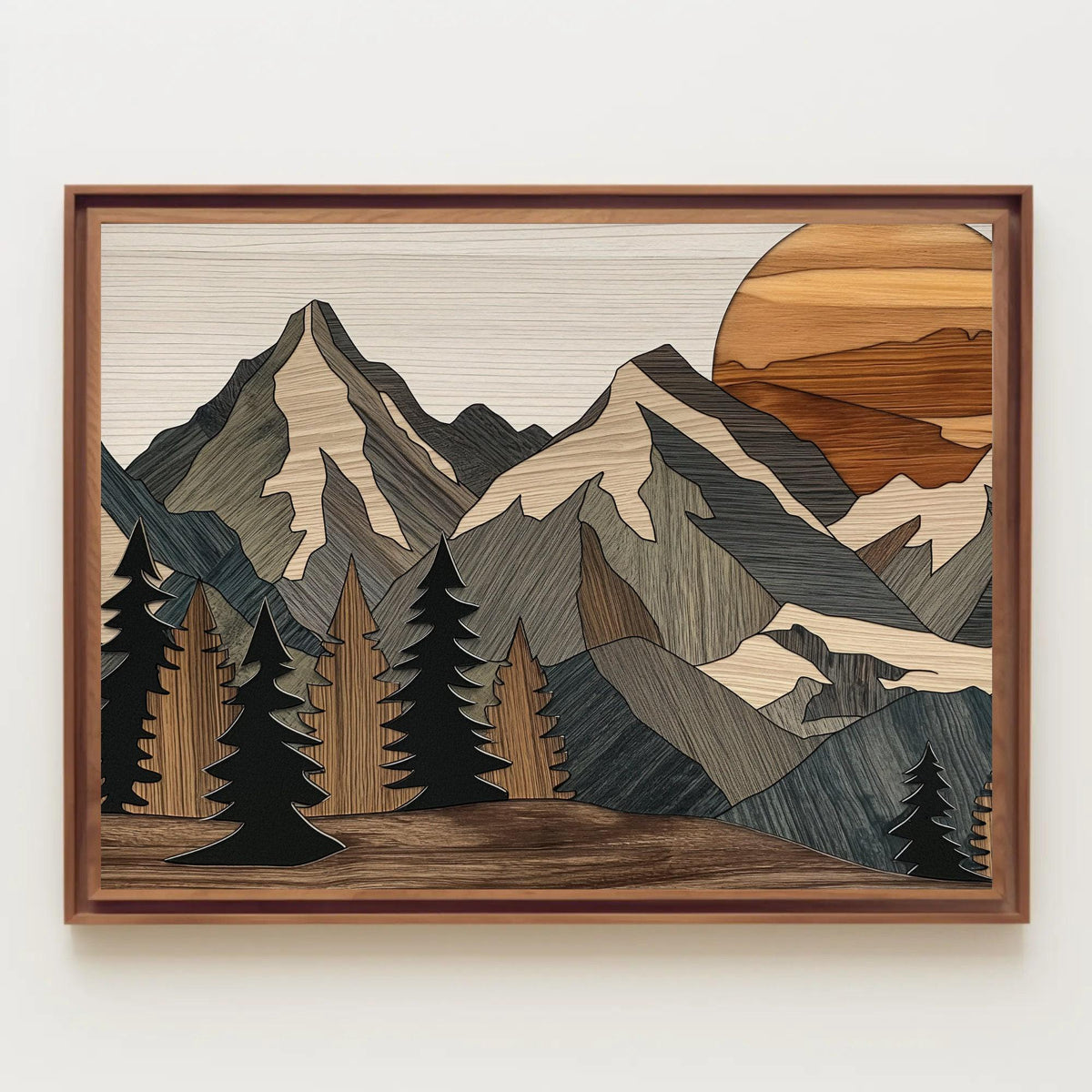 Wood effect mountains canvas wall art in a room setting