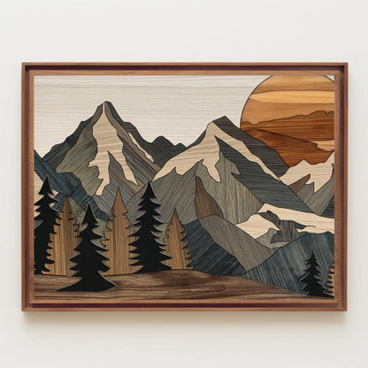 Wood effect mountains canvas wall art in a room setting